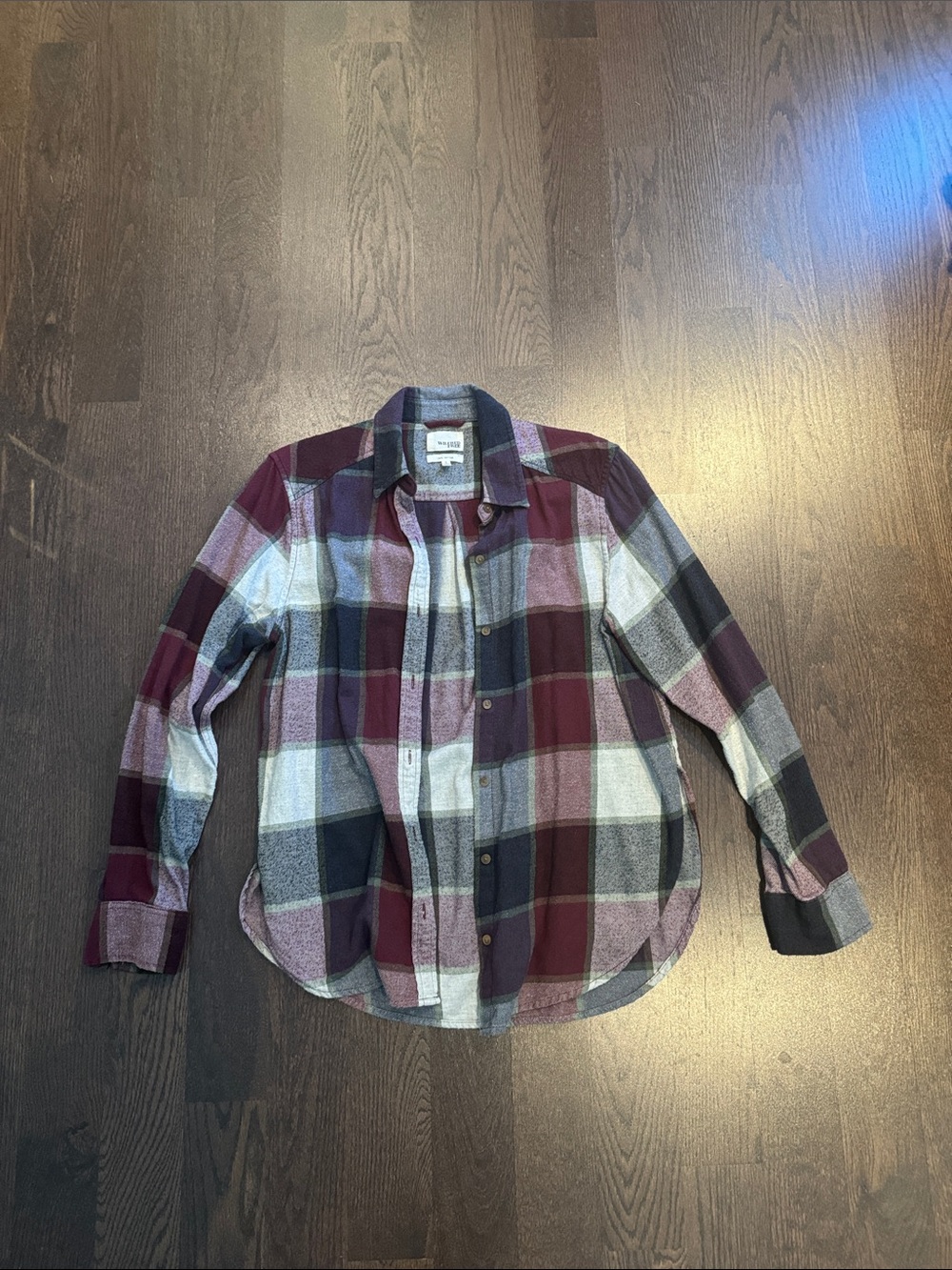 Wilfred 100% Cotton Burgundy, Gray & Black Plaid Button-Down Shirt